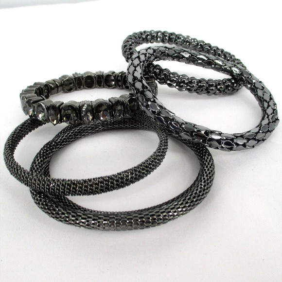 6  Metal Bangle Bracelets Stack Lot Textured Dark Gunmetal Grey Crystal Metal - Picture 2 of 5